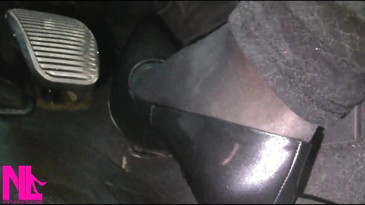 Revving and Driving in Black Pantyhose and Grey High Heels