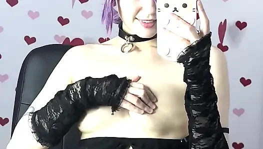 Purple Hair Teen in Latex Lingerie Strips for Her Boyfriend on Chair