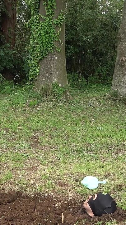 Herrin fesselt sklaven an einem Baum im wald und peitscht, Dann läßt sie sich im Boden zurück, nur noch mit kopf bloßgestellt, Über nacht ignorieren