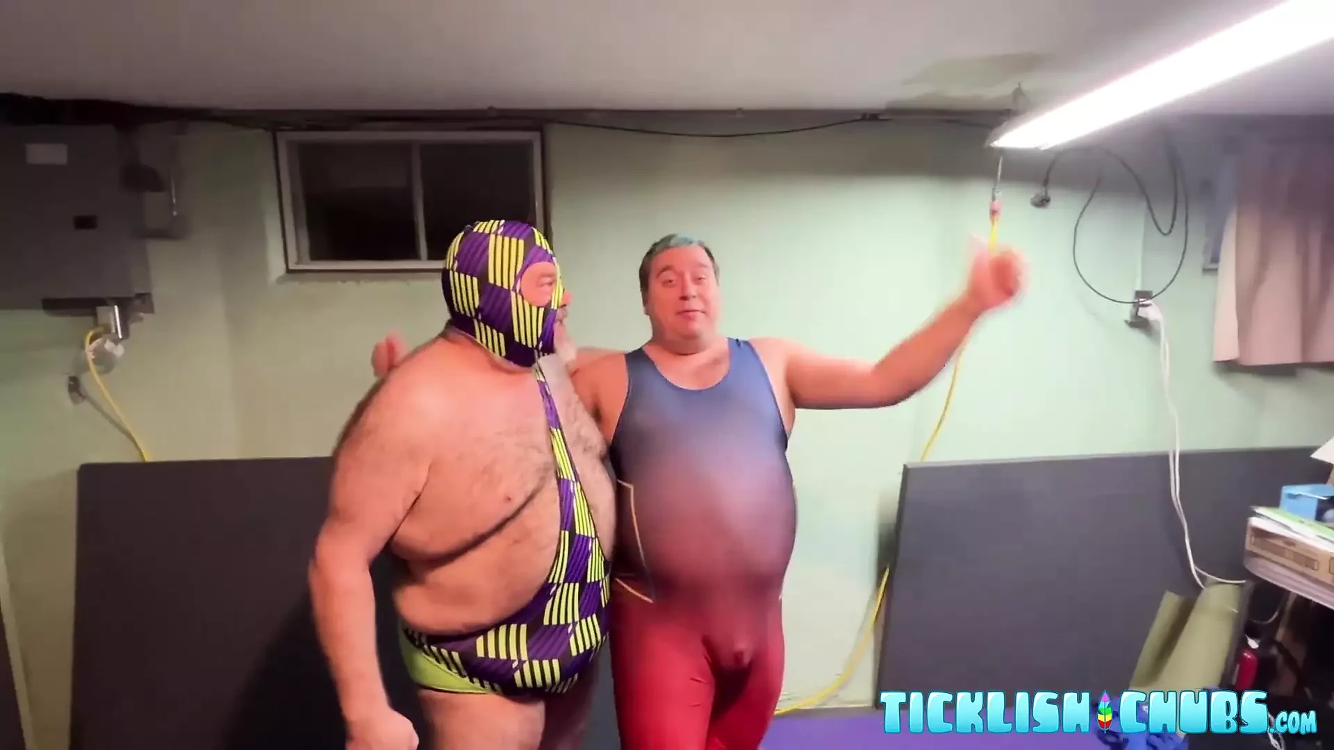 Old man Stocky wrestles and tickles chubby bear Matt