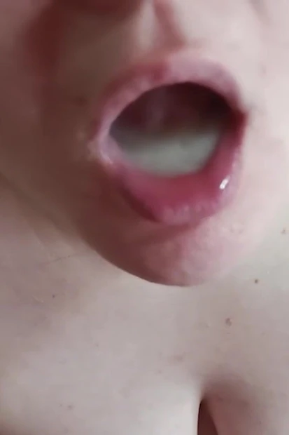She swallows a lot of cum. Mouth is full of thick cum. Real loves cum.
