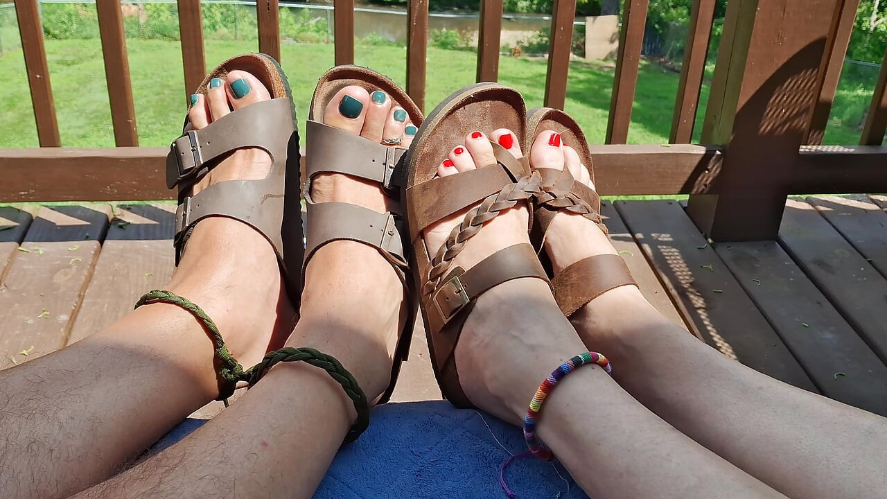 Showing off our feet and sandals with toe rings and anklets
