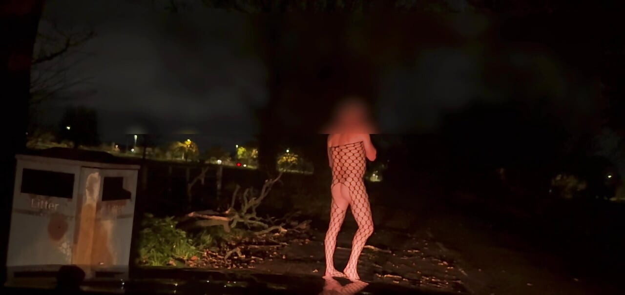 Stripping out of my body stocking and wanking at side of road