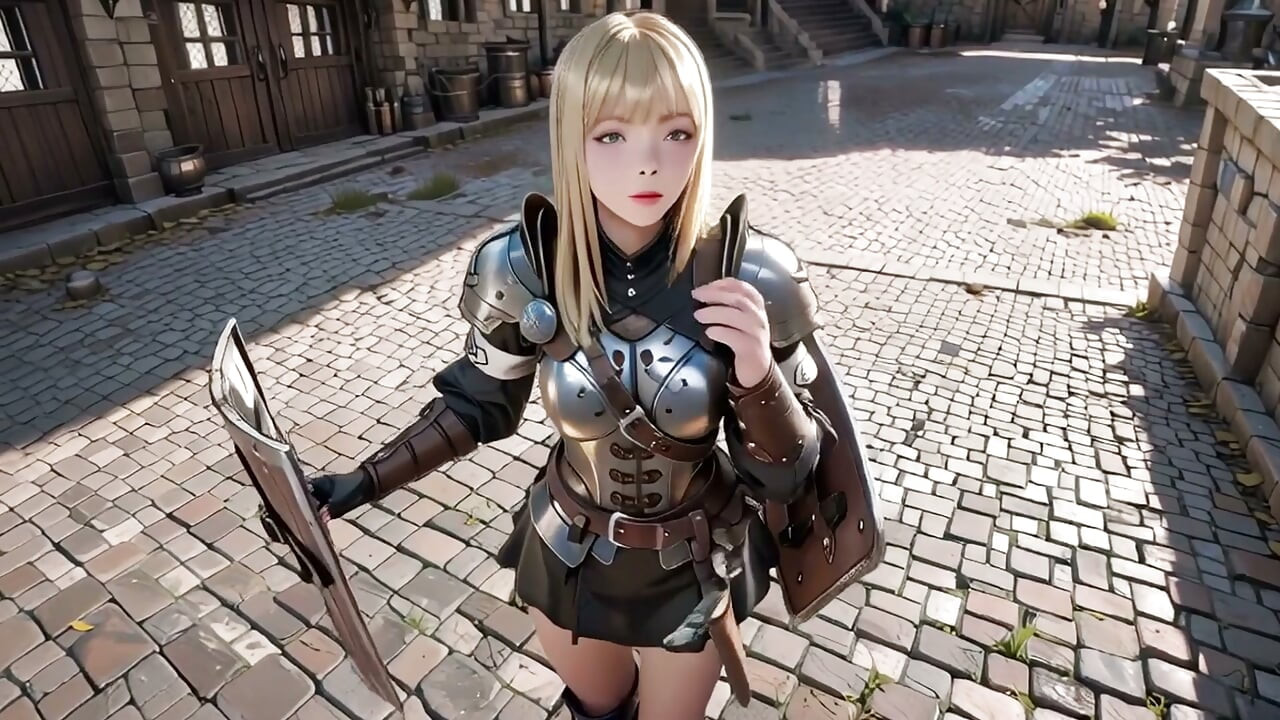 ¡El despertar privado de la Caballero Rubia! Arrodillada en el patio del castillo.