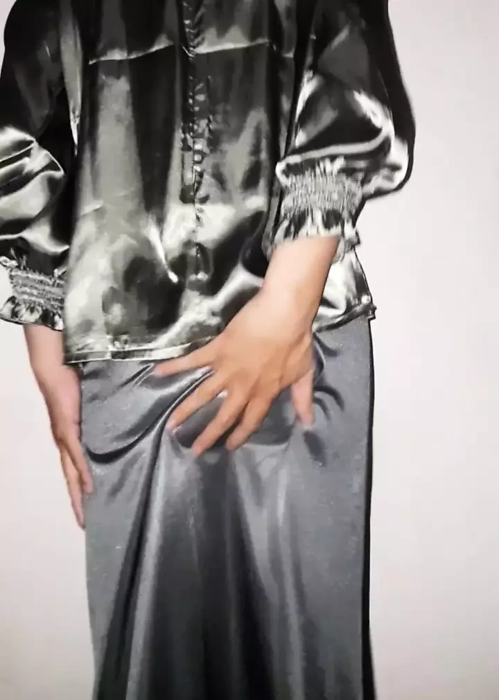 Silver Long Satin Skirt Pissed and Cum Rag