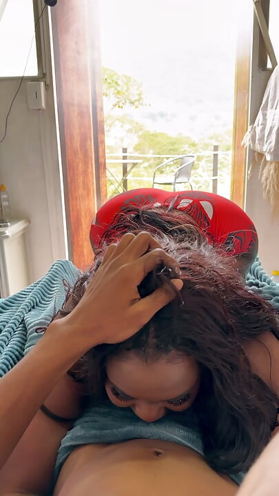 Busty brunette cheats on her husband with the owner of the cabin
