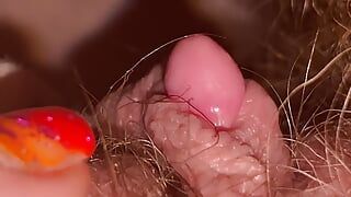 Il primo piano di un enorme clitoride e la figa pelosa