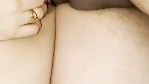 Closeup side fuck with inside cumshot, pink pussy with pubic hair
