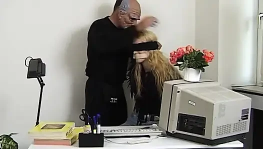 Blindfolded Blonde Slut Fucked by Creepy Masked Stud