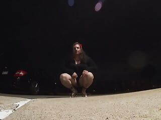Sissy Mature CD out and about outdoors at night in a parking lot for showing off.