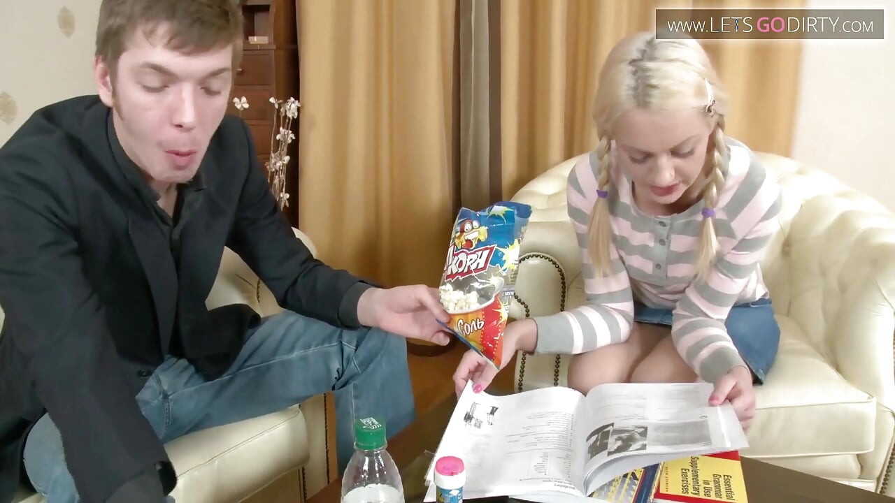 Blonde teen sucks a chunky cock, gets fucked on both holes to a cumshot