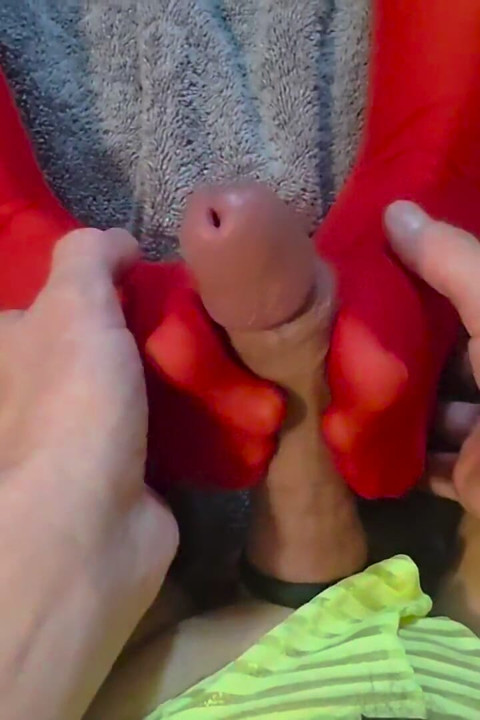 Latina MILF Gives Blowjob and Footjob Until I Cum on Her Red Stocking Feet