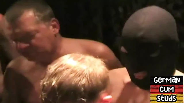 German amateur masked bottom gangbang fucked in sling