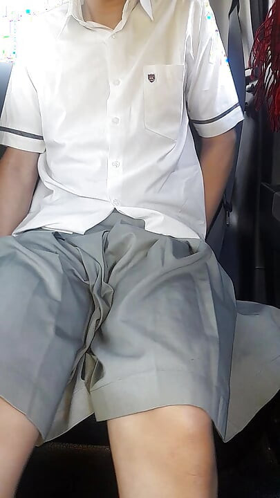 Asian Crossdresser Cum Wearing Grey School Girl Uniform