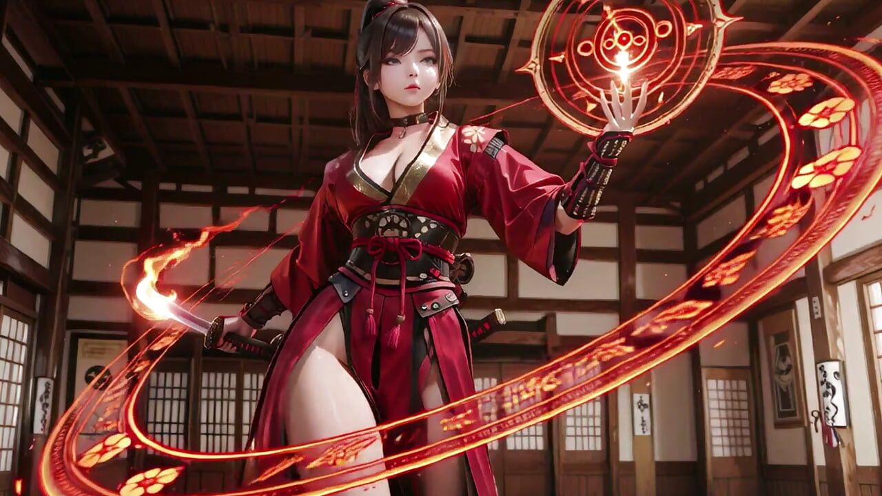 Samurai Crimson! Prajurit berambut merah berlutut di bawah matahari, bertransisi dari keanggunan diam ke serangan pedang yang eksplosif.