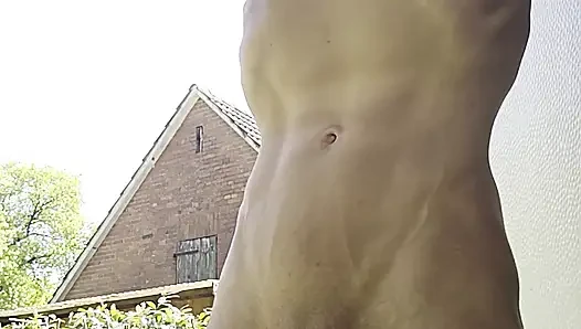 Skinny boy naked pissing und sperm. Piss n sperm flows from big uncut dick outdoor
