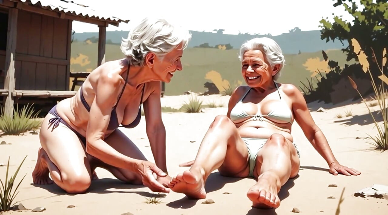 Two Skinny 90 Year Old Grannies - One Licks the Other's Feet in Humiliation