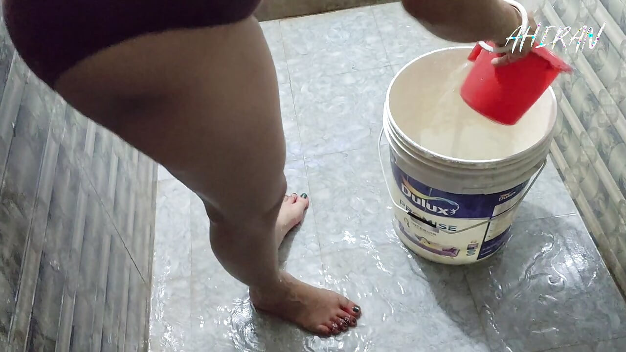 Asian indian village girl forplay with her boyfriend in bathroom. Washing clothes and review her pussy,boobs and white bra.