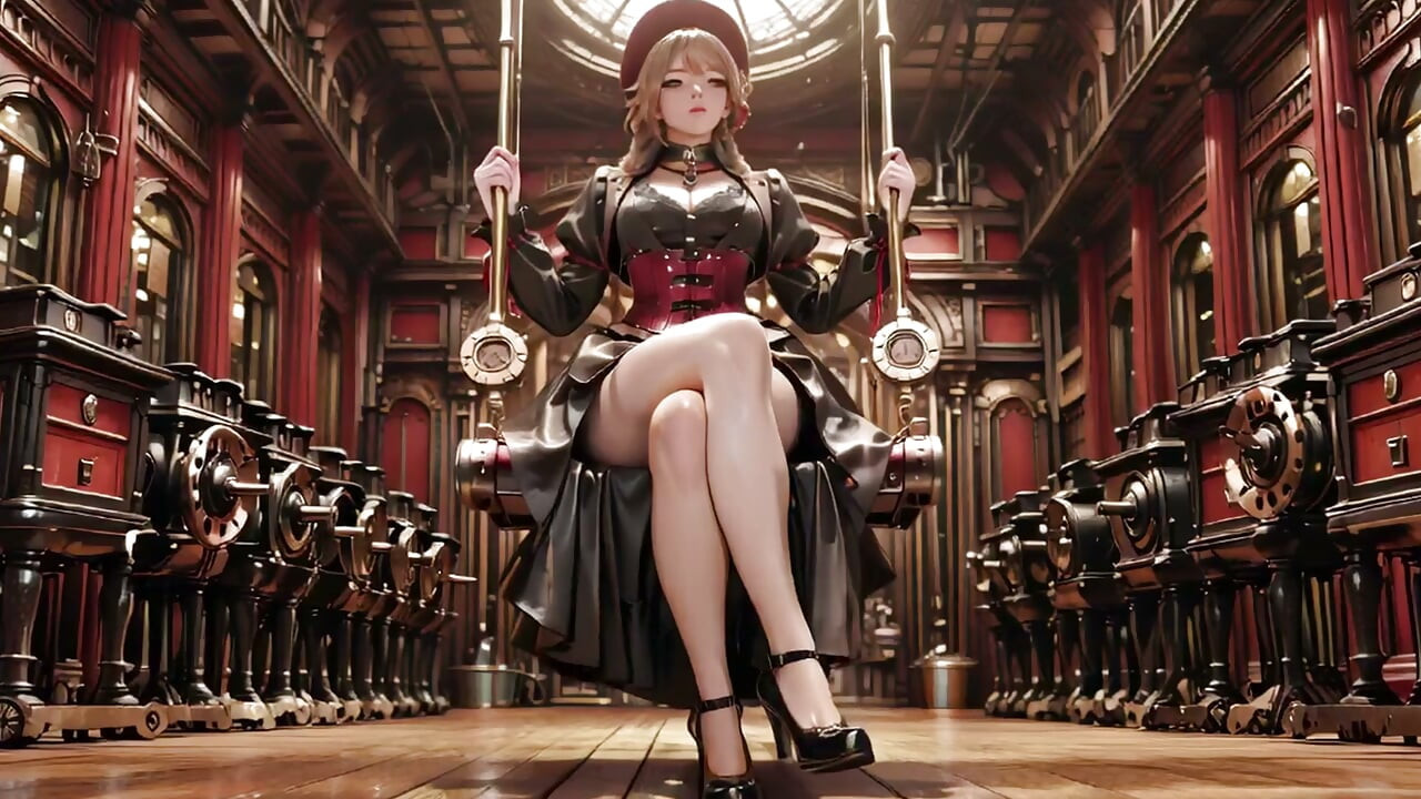 Księżna steampunk! Rudowłosa mechaniczna dziewczyna drażniąca się w Sali Zębatek.