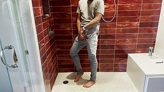 Barefoot in Jeans Pissing Myself and Showing Dick and Ball