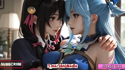 SFW Aqua and yunyun From konosuba soft show touching and kissing lesbian