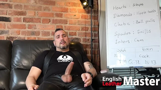 Uncut leather Master trains slaves using card game PREVIEW