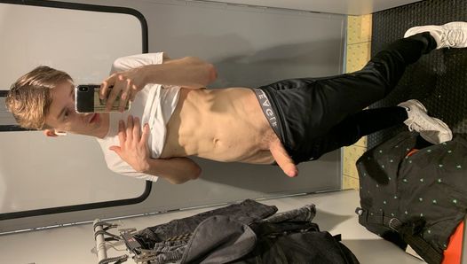 Twink jerk in fitting room and cum on the mirror