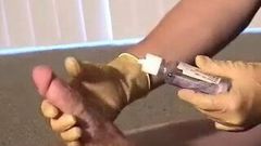 Amateur wife gives slow rubber glove handjob