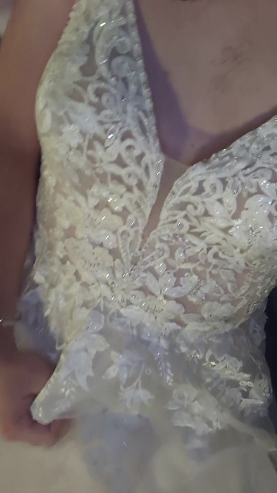 Unforgettable moment from "Making love to bride's luxurious wedding gown and white fur shawl"
