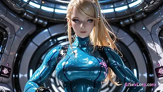 Плавающая над металлическими полами Samus жестко стряхивает ее тугое тело, превращая невесомость в потный горячий секс (AI)