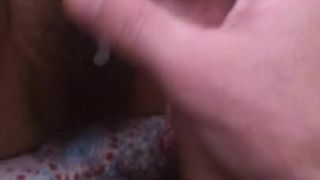 Quick cumshot on mommys hairy pussy