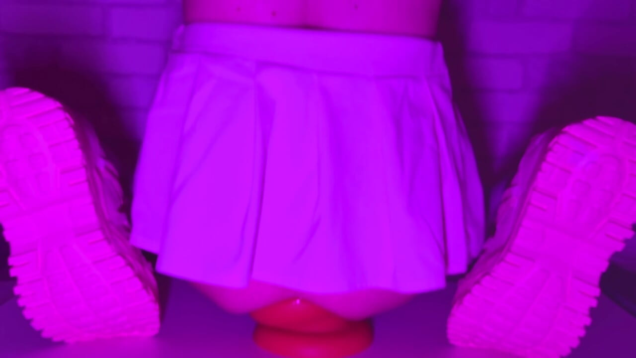 Sissy Girl In Short Skirt Bounces On a Huge 12-centimeter Thick Anal Plug