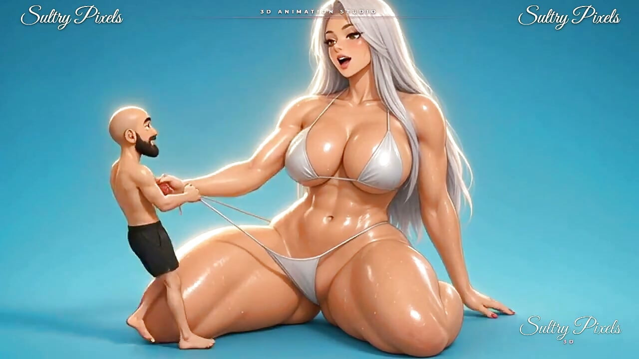 Minik adam diz çöken anime giantess'in bikini ipini çekiyor ve karnına dalıyor