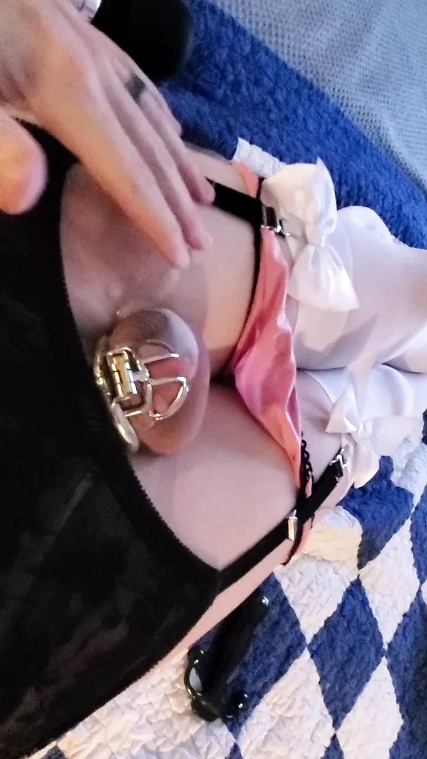 Sissy Lisa's self-care: chastity cage + magic wand + dildo