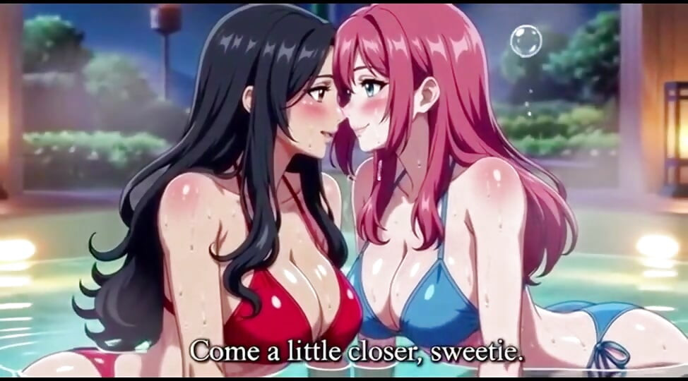 Stepmom and stepsister taking hot bath and pressing boobs