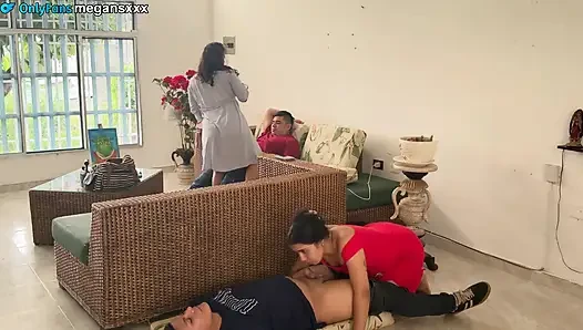 in the living room of my house, neighbors visiting