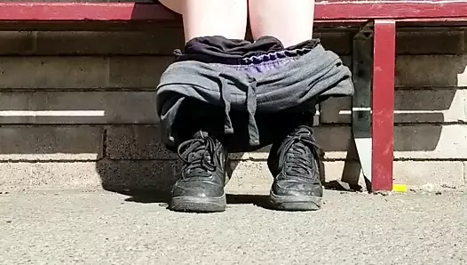 BBW pissing from a public Bench 2