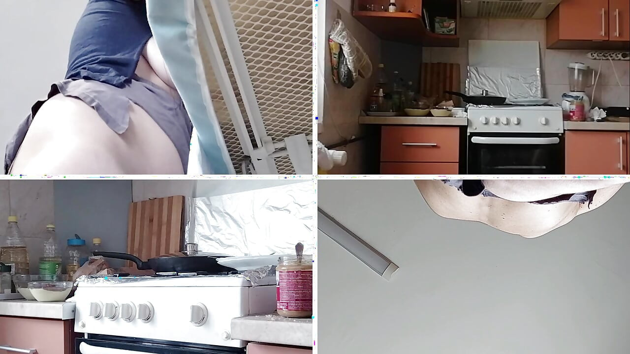 Brunette with hairy pussy, big tits, sensual and hairy woman in the kitchen. Sexy amateur wife shaving her hairy pussy.