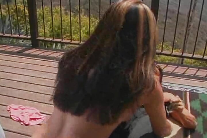 Brunette goddess gets sprayed with jizz after fuck on the balcony