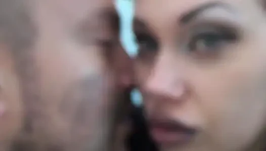 Covering Alex with khaki shiny lipstick kisses all over his face outdoor! + Little tongue play!