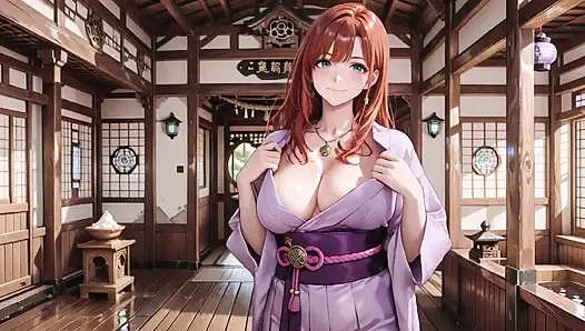Kızıl saçlı kimono tanrıçası! Kutsal torii kapısının altında diz çöküp, sırılsıklam sırtsız kıyafetini utangaç bir bakışla ayarlıyor.