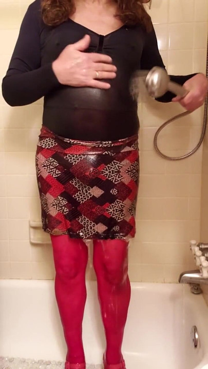 Powerful moment from "Cd, outdoors pantyhose puddle play and shower off dressed up after."