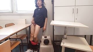 Cum at school, this horny student twink wanks his smooth cock and squirts jizz riskyly at school in a classroom on classmate des