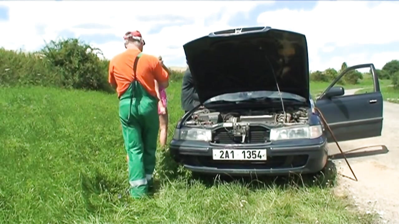 Young hitchhicker with her stepgranny grateful for an old pig who came in their rescue