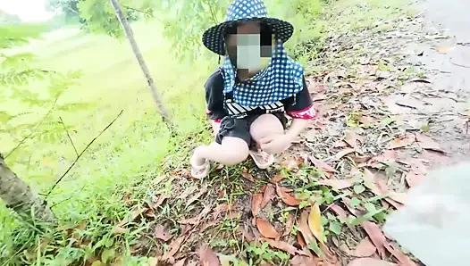 Thai Girl Walking Showing Along the Side of the Field Road in the Countryside Thai Outdoor Public