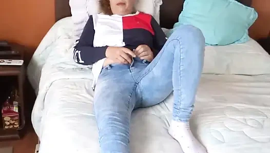 Mutual masturbation with stepson while watching porn and he cums in my hairy pussy.