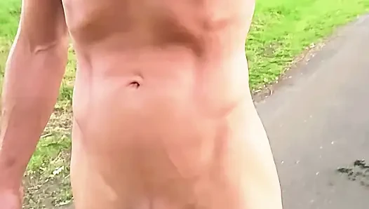 Skinny boy walks naked through the neighborhood. Huge risky piss on the street. Big cock in public