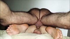 Hairy Daddy with hairy legs breeds boy from below