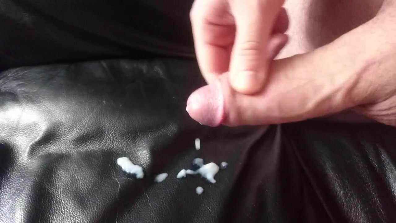 Cumshot on leather sofa