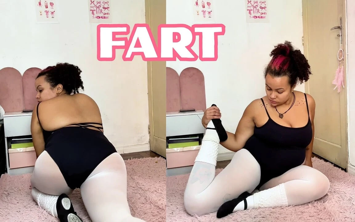 Mollige ballerina scheten laten tijdens het rekken na de les